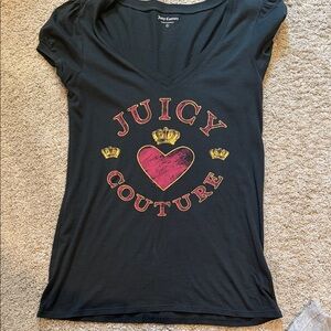 Juicy Couture Black V-Neck Tee with Pink Heart and Gold Accents